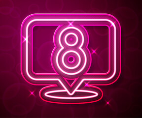 Glowing neon line 8 March icon isolated on red background. International Happy Women Day. Vector