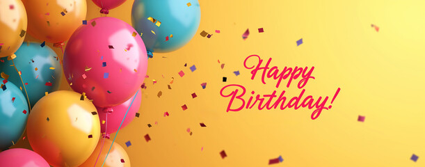 festive banner with inscription happy birthday with balloons and confetti on yellow background