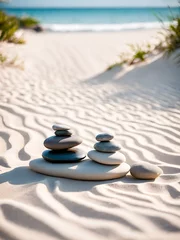  Smooth, colorful stones balanced in a pyramid on the sandy beach © wannasak