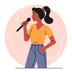 Casually dressed woman holding a microphone giving a business and marketing talk, using her voice to elaborate, vector illustrative drawing