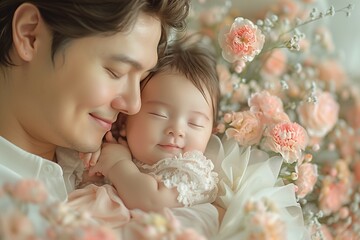 Tender moment of father with sleeping infant in arms - obrazy, fototapety, plakaty