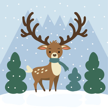 Deer with long antlers wearing a scarf in a snowy forest with mountains and small pine trees, with snowflakes falling, symbolizing winter and Christmas, in a cute cartoon drawing style vector