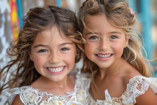 Close-up photo of two young girls smiling together