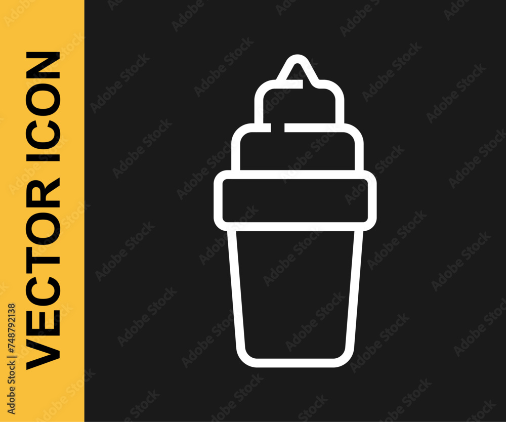 Sticker White line Ice cream in waffle cone icon isolated on black background. Sweet symbol. Vector