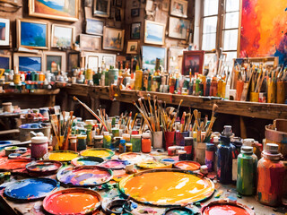 An art room with lots of paints and paintbrush on display.