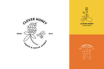Vector set illustration logos and design templates or badges. Organic and eco honey labels and tags with bees. Linear style