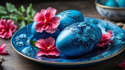 Fototapeta na wymiar Blue easter eggs on a plate
