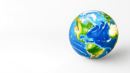 Earth globe on white background with green and blue spheres, representing continents, oceans, and nature in 3D illustration