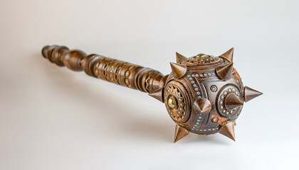 Souvenir wooden Hetman's Mace on a stand on a white background. Ukraine.