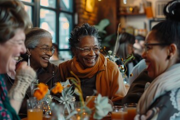 A group of old women smiling and gathered in a cafe, toasting and celebrating friendship and Women's Day with joy