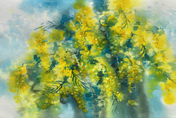 Yellow mimosa branches on blue watercolor background - 748793159