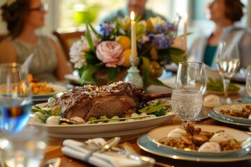 Easter festive dinner table, featuring a roasted lamb, flowers and candles, close up