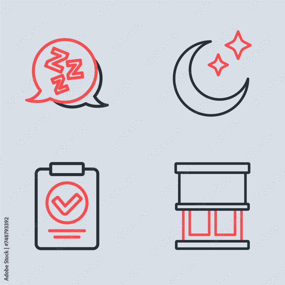 Wall mural Set line Moon and stars, Medical prescription, Window with curtains and Sleepy icon. Vector