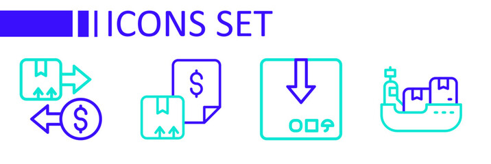 Set line Cargo ship with boxes delivery, Carton cardboard, Waybill and Tax icon. Vector