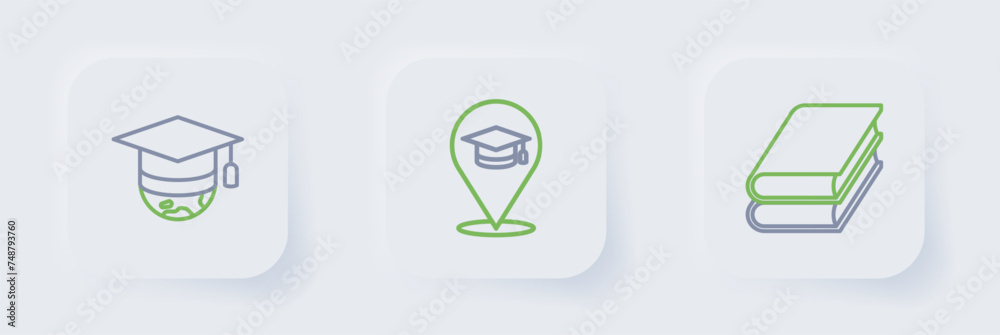 Sticker Set line Book, Online education and Graduation cap globe icon. Vector