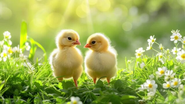 Chicks in springtime, nestled in meadow of daisies under the sun rays. Spring and Easter vibes