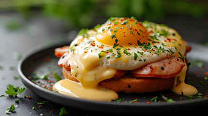 Morning Elegance: Eggs Benedict with Hollandaise Sauce. Generative AI - obrazy, fototapety, plakaty