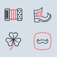 Set line Leprechaun boot, Clover trefoil leaf, Mustache and Accordion icon. Vector