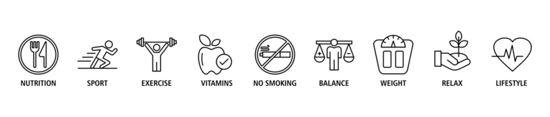 Healthy living banner web icon set vector illustration concept with icon of nutrition, sport, exercise, vitamin, no smoking, balance, weight, relax and lifestyle - obrazy, fototapety, plakaty