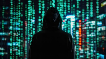 Hacker Silhouette Against Virtual Data Screen, Silhouette of a hooded figure standing before a screen displaying glowing digital data, symbolizing cybersecurity threats.