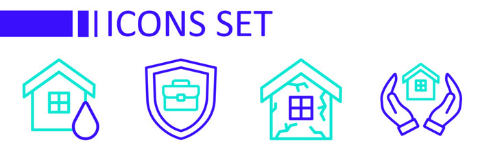 Set line House in hand, Briefcase with shield and flood icon. Vector