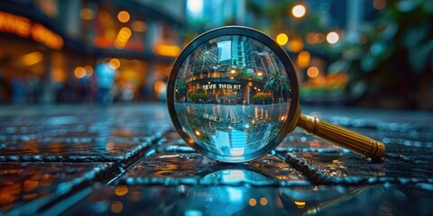magnifying glass on a city road with a blurred background