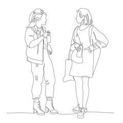 Women talking and drinking bottled water. Black and white hand drawn vector illustration in line art style.