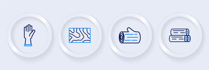 Set line Wooden log, beam and Protective gloves icon. Vector