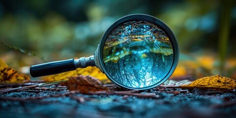 Closeup of a magnifying glass on a garden with a blurred background