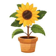 Obraz premium Vector cute Sunflower plant in pot kawaii character isolated on a transparent or white background, PNG
