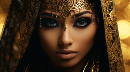 Close-up portrait of an incredibly beautiful oriental queen with beautiful brown eyes and a golden cape. Concept of ancient Egyptian culture, history, comparison of eras, art
