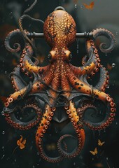 Fototapeta premium octopus wrapped around an anchor with a beautiful coral reef backdrop 