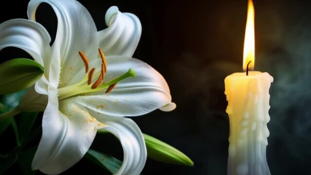 White lily flower and burning candle on black background. Mourning, condolence, grieving card concept