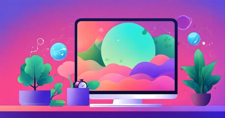 Fototapeta premium monitor with flowers illustration background 