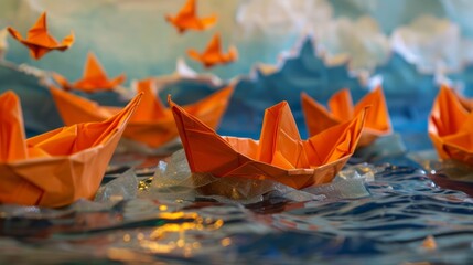 Origami seascape, vivid orange origami boats floating on a simulated water surface, with the illusion of a paper sea and mountainous horizon