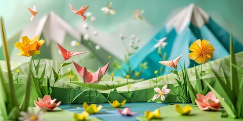 Origami spring landscape. An intricate origami display featuring a valley with mountains, colorful flowers, and flying birds against a light blue sky