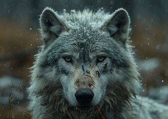 close up of wolf head in winter snow