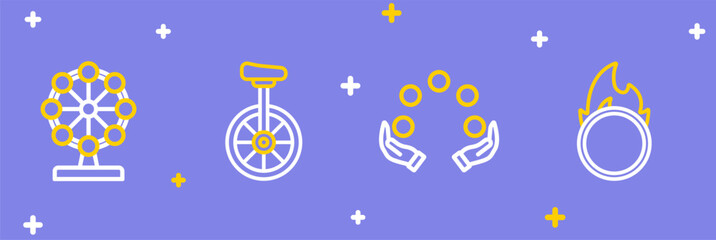 Set line Circus fire hoop, Juggling ball, Unicycle and Ferris wheel icon. Vector © Iryna