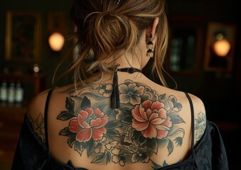 Japanese themed tattoo on a woman's back. flower tattoo on woman's back