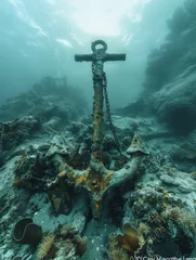 Zelfklevend Fotobehang anchor abandoned on the seabed. rusty ship anchor among coral reefs in a clean sea © nahwul