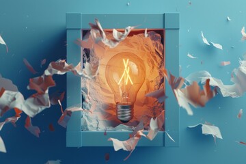 A conceptual image of a light bulb breaking through a blue box, symbolizing creativity and innovation. - obrazy, fototapety, plakaty
