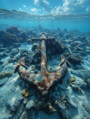 anchor abandoned on the seabed. rusty ship anchor among coral reefs in a clean sea