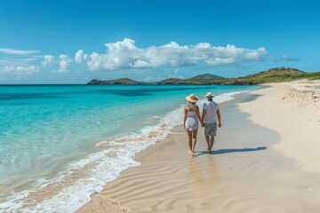 A couple holding hands and walking on a pristine beach with white sand and clear blue water.