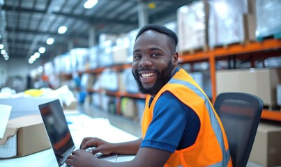 Middle aged african american warehouse distribution logistic deliery centre manager or employee preofessional smiling at camera with toothy smile surrounded with shelves with cardboard boxes - obrazy, fototapety, plakaty