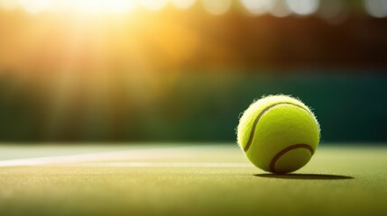 Macro photo of Tennis ball on grass with blurred stadium background. Sports backdrop with copy space and sun ray - obrazy, fototapety, plakaty