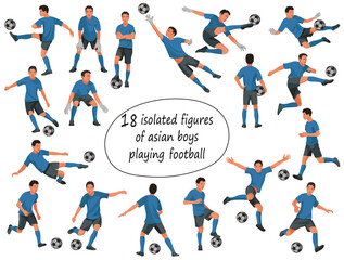 Fototapeta na wymiar Vector figures of Thai or Japanese teenage football players and goalkeepers in blue T-shirts in various poses on a white background