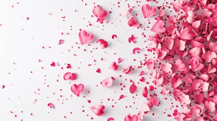 Fototapeta na wymiar Pink rose petals white background. Romantic card background.