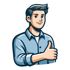 Fototapeta premium Man giving thumbs up vector illustration, happy guy showing OK gesture, approval sign, positive emotion, work done sign design template isolated on white background