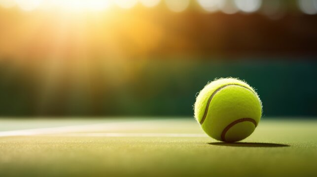 Macro photo of Tennis ball on grass with blurred stadium background. Sports backdrop with copy space and sun ray