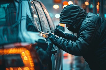 A person in a hooded jacket attempting to break into a car with a tool. - obrazy, fototapety, plakaty